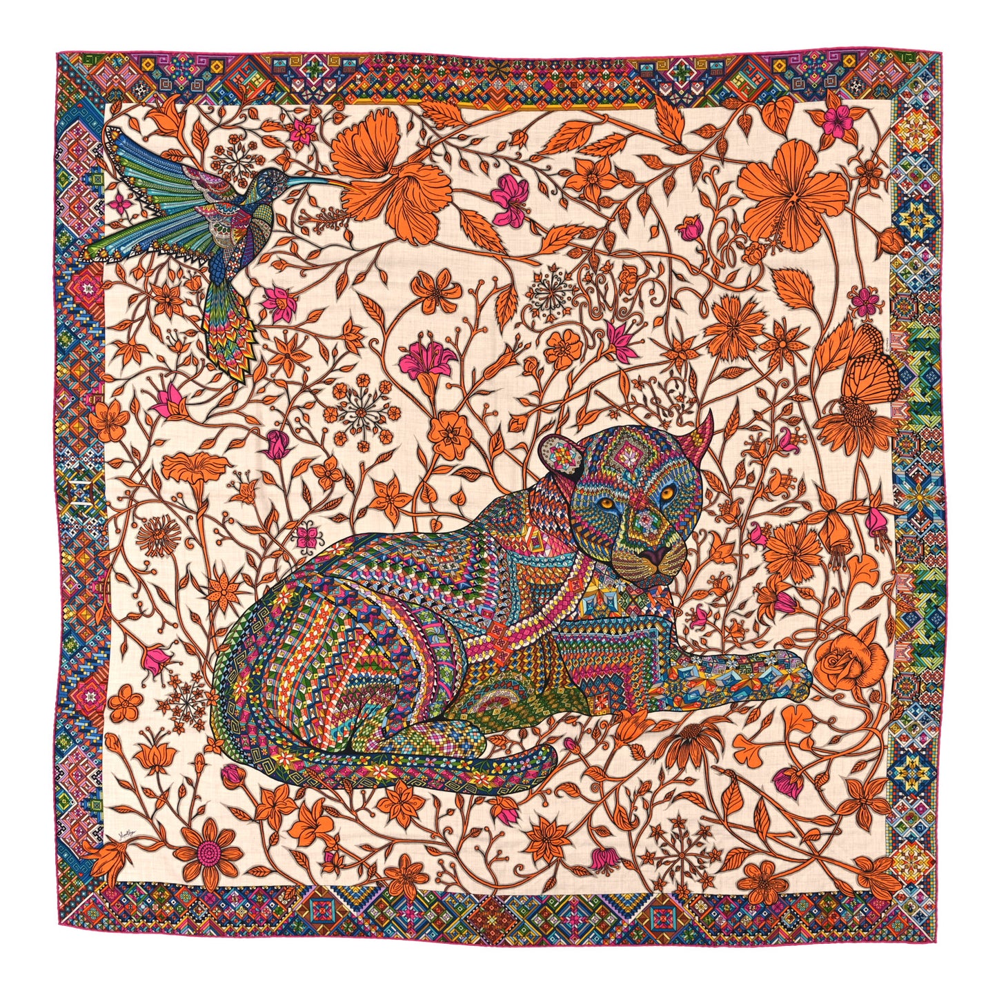 Cashmere Silk Le Jaguar Et Le Colibri Shawl 140 Naturel Orange Multicolor