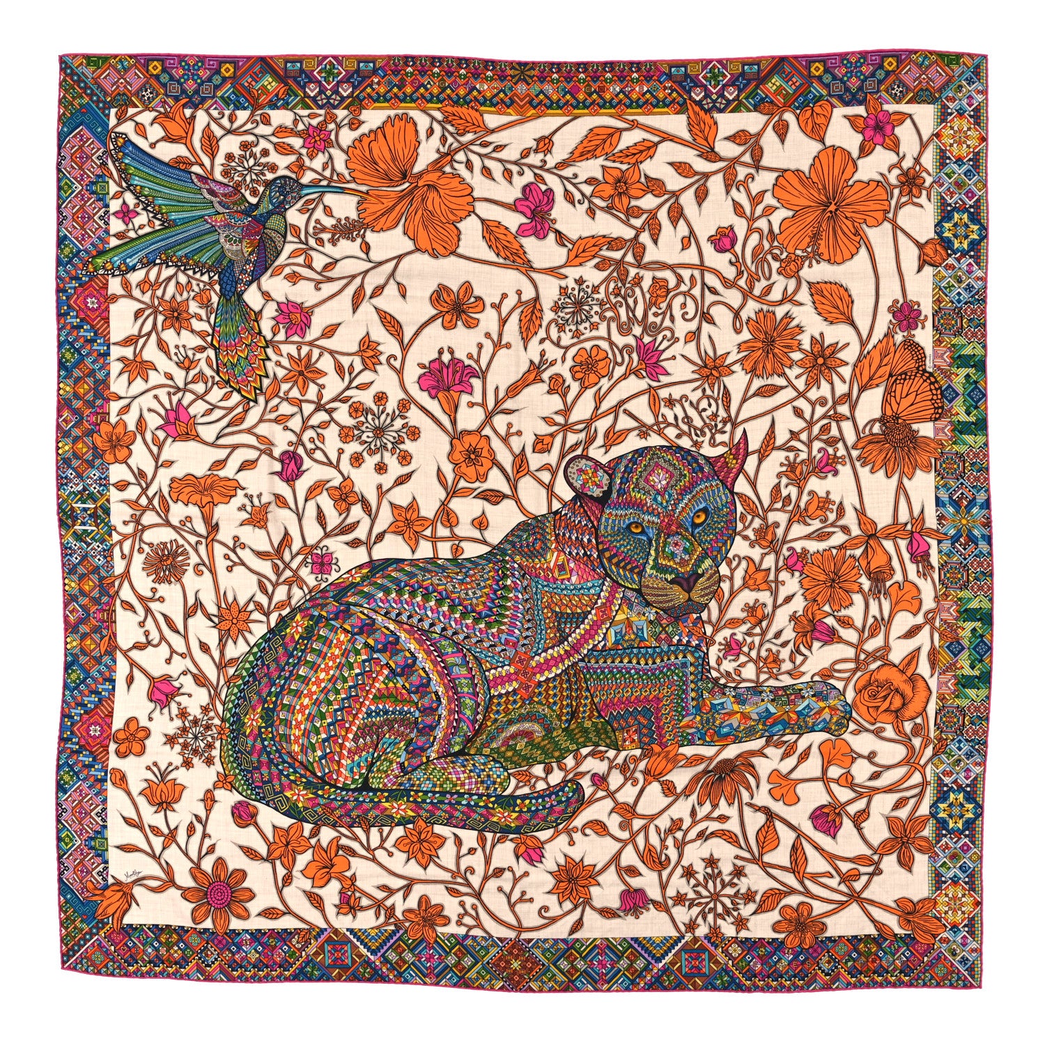 Hermes Cashmere Silk Le Jaguar Et Le Colibri Shawl 140 Naturel Orange Multicolor 1 of 4