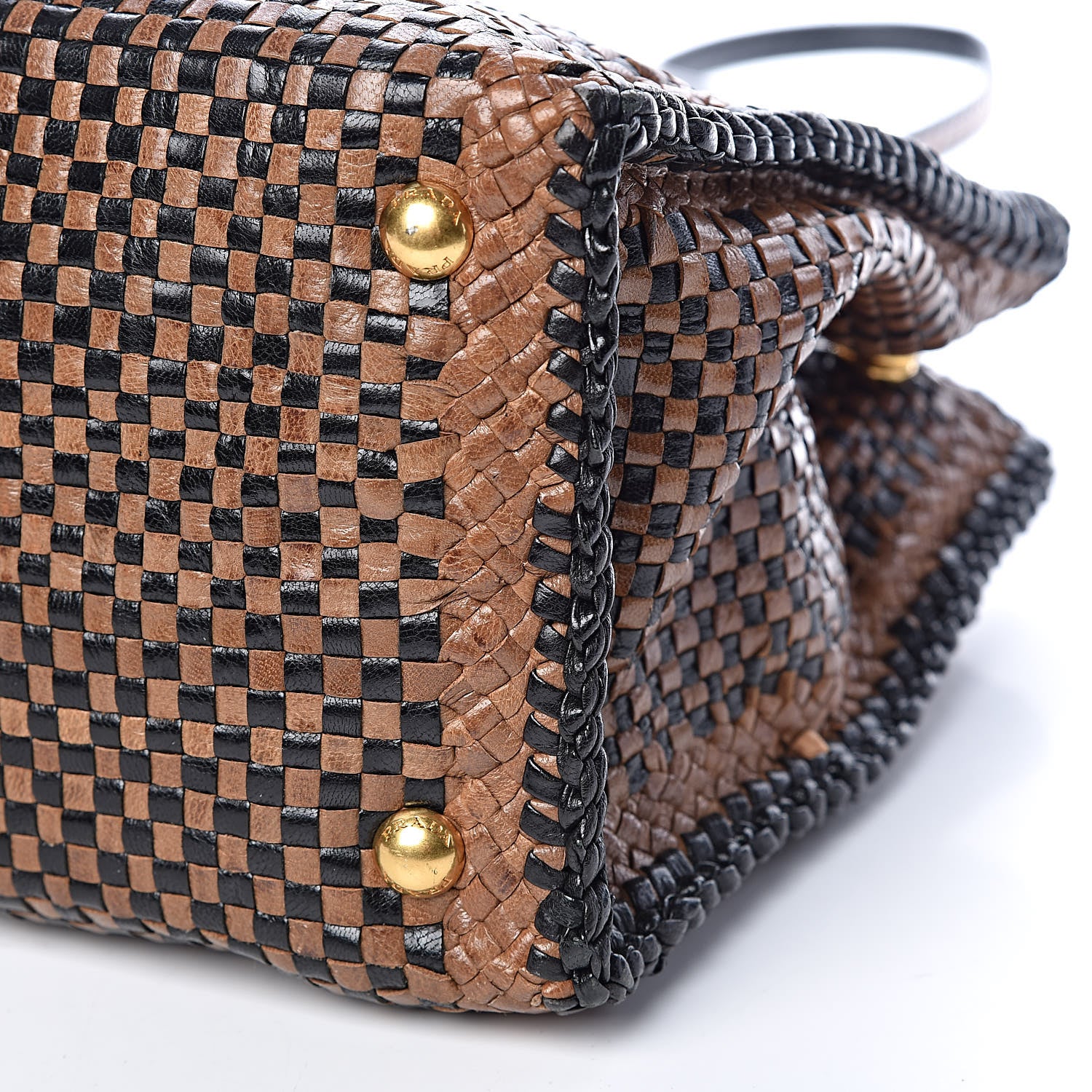 Prada Goatskin Woven Small Tote Black Cammello 12 of 13