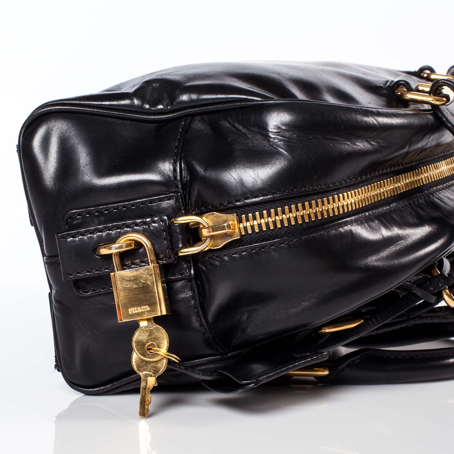 Prada Leather Logo Bowling Bag Black 6 of 10