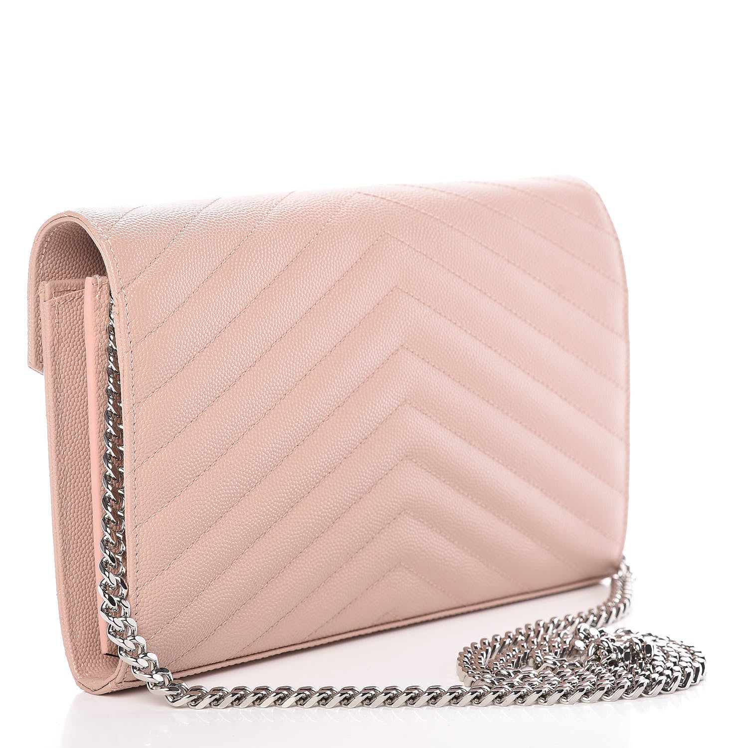 Saint Laurent Grain De Poudre Matelasse Chevron Monogram Chain Wallet Pale Pink 3 of 9
