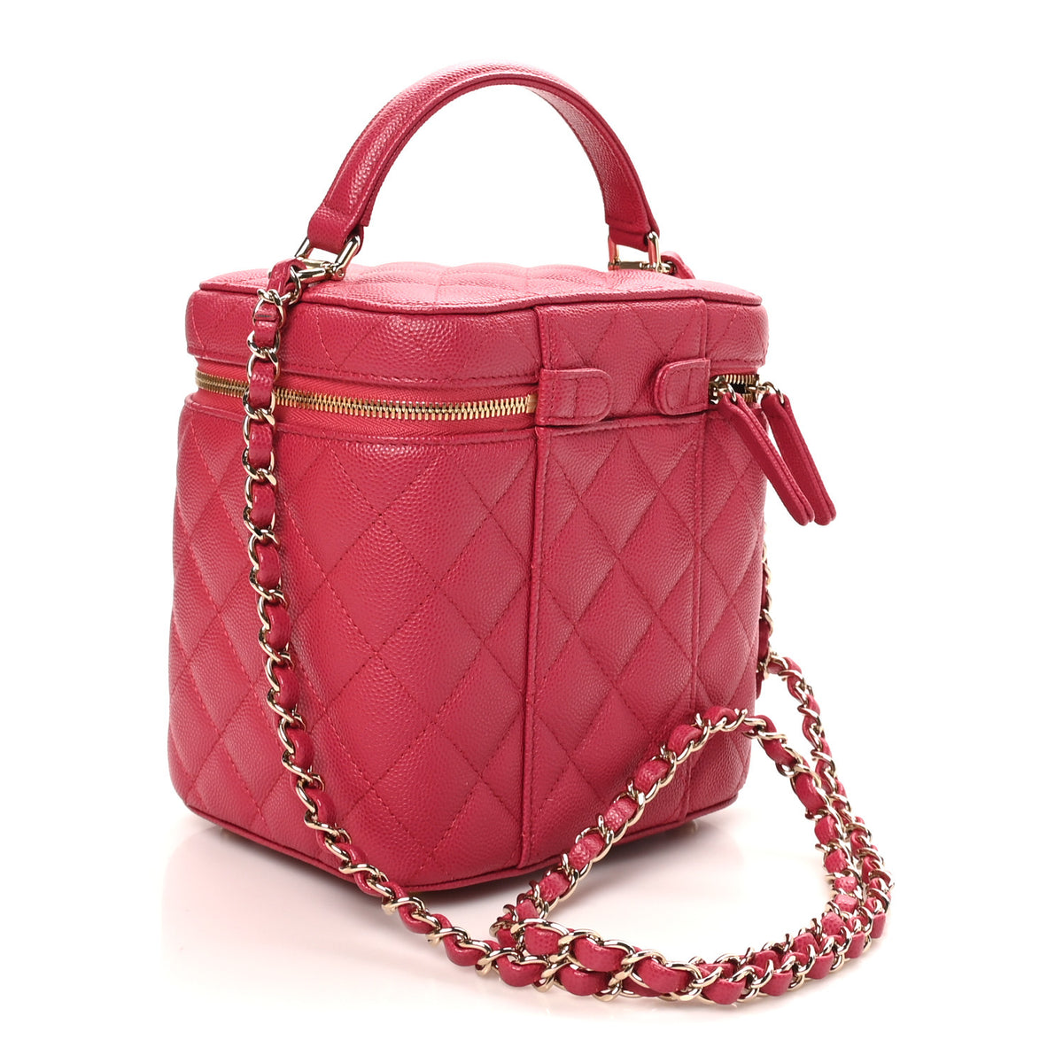 Caviar Quilted Small Top Handle Vanity Case With Chain Dark Pink