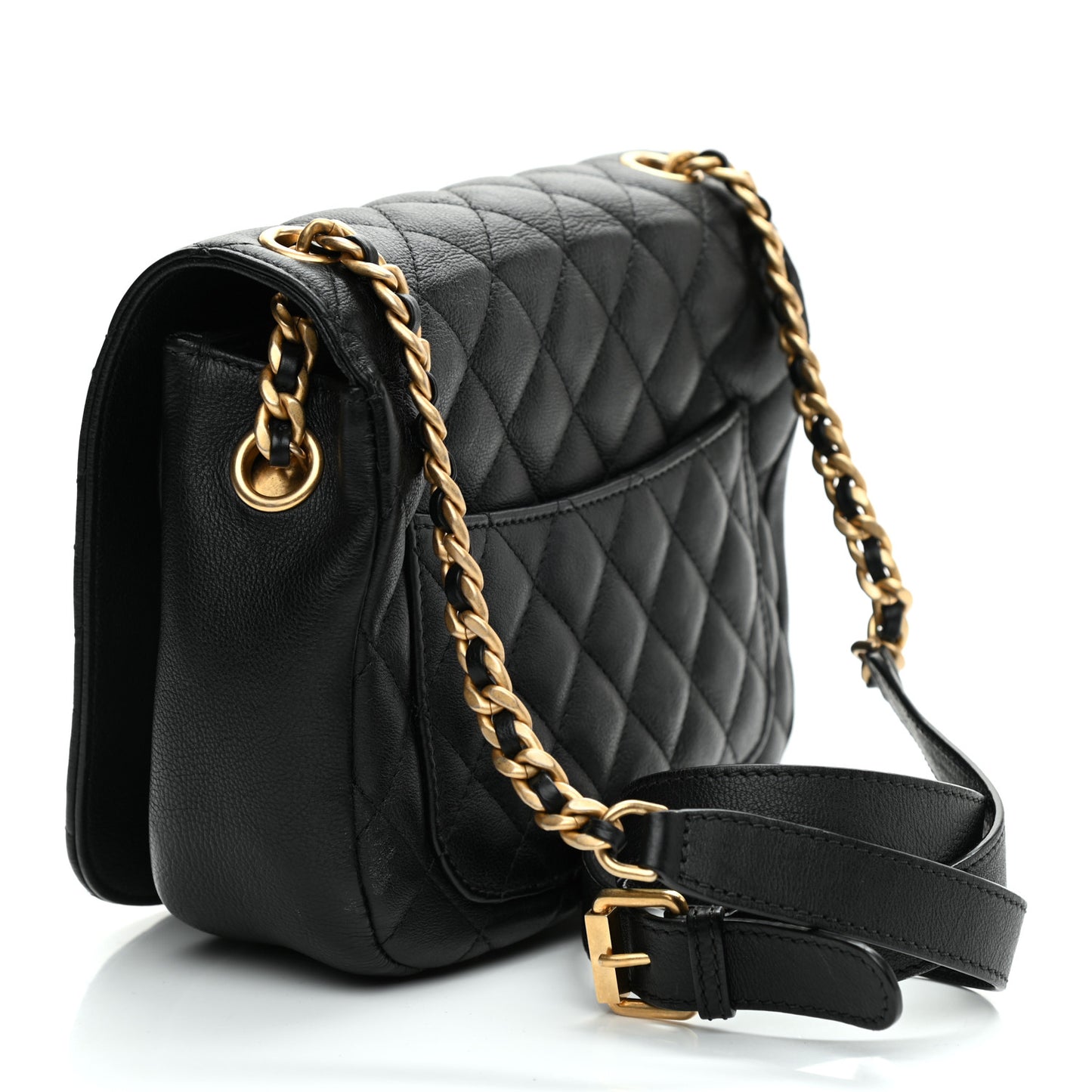 Grained Calfskin Quilted Messenger Flap Black