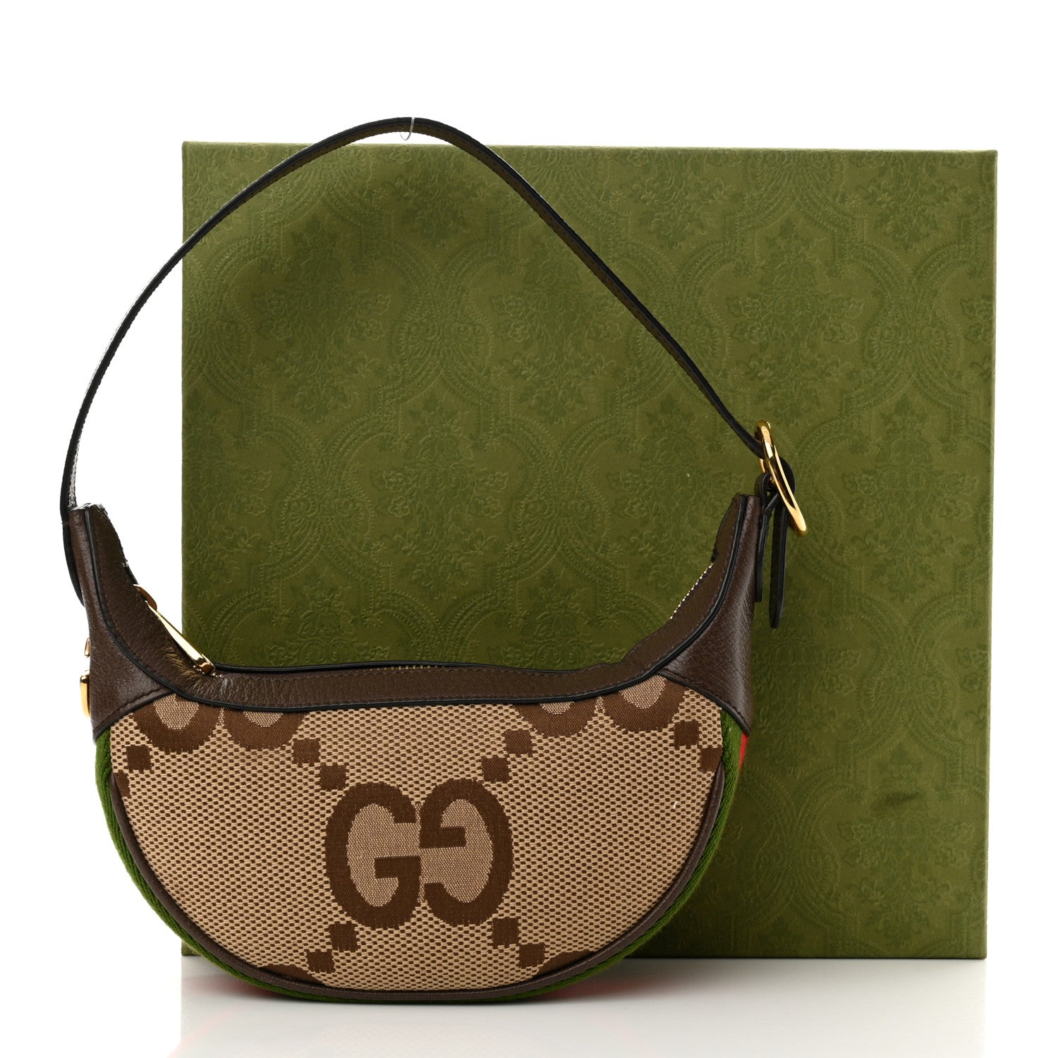 Gucci Monogram Jumbo GG Textured Dollar Calfskin Web Mini Ophidia Half Moon Hobo Camel Ebony New Acero 11 of 11