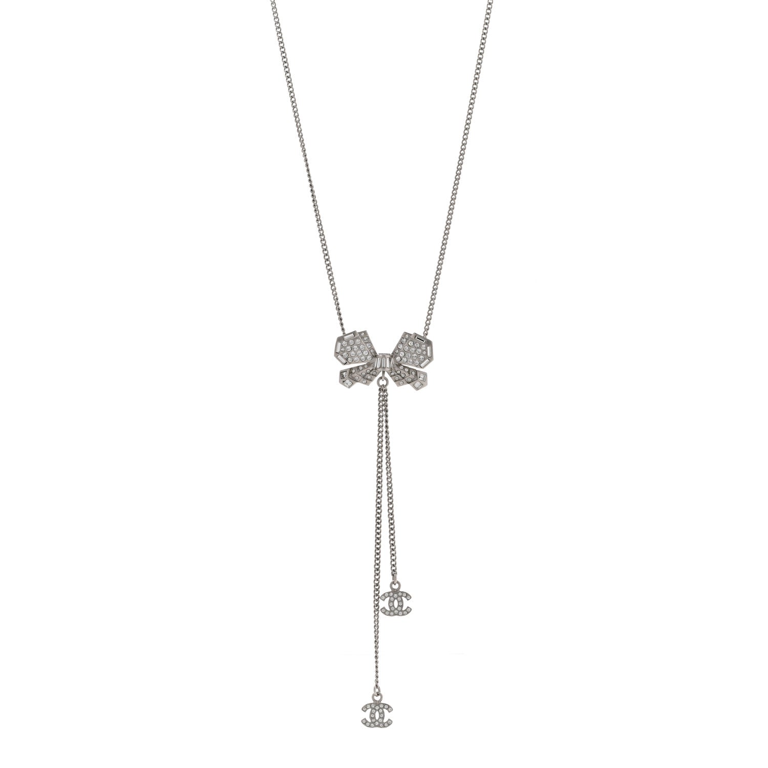 Chanel Crystal Butterfly CC Lariat Necklace Silver 1 of 6
