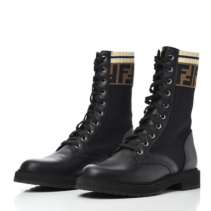 Fendi Calfskin Stretch Fabric Rockoko Biker Boots 38 Tobacco Black Marino 3 of 15