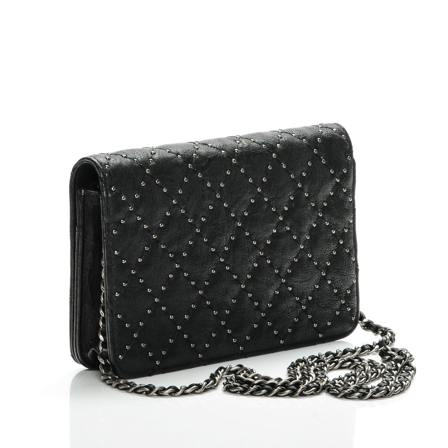 Crumpled Lambskin Studded Paris Dallas Wallet On Chain WOC Black