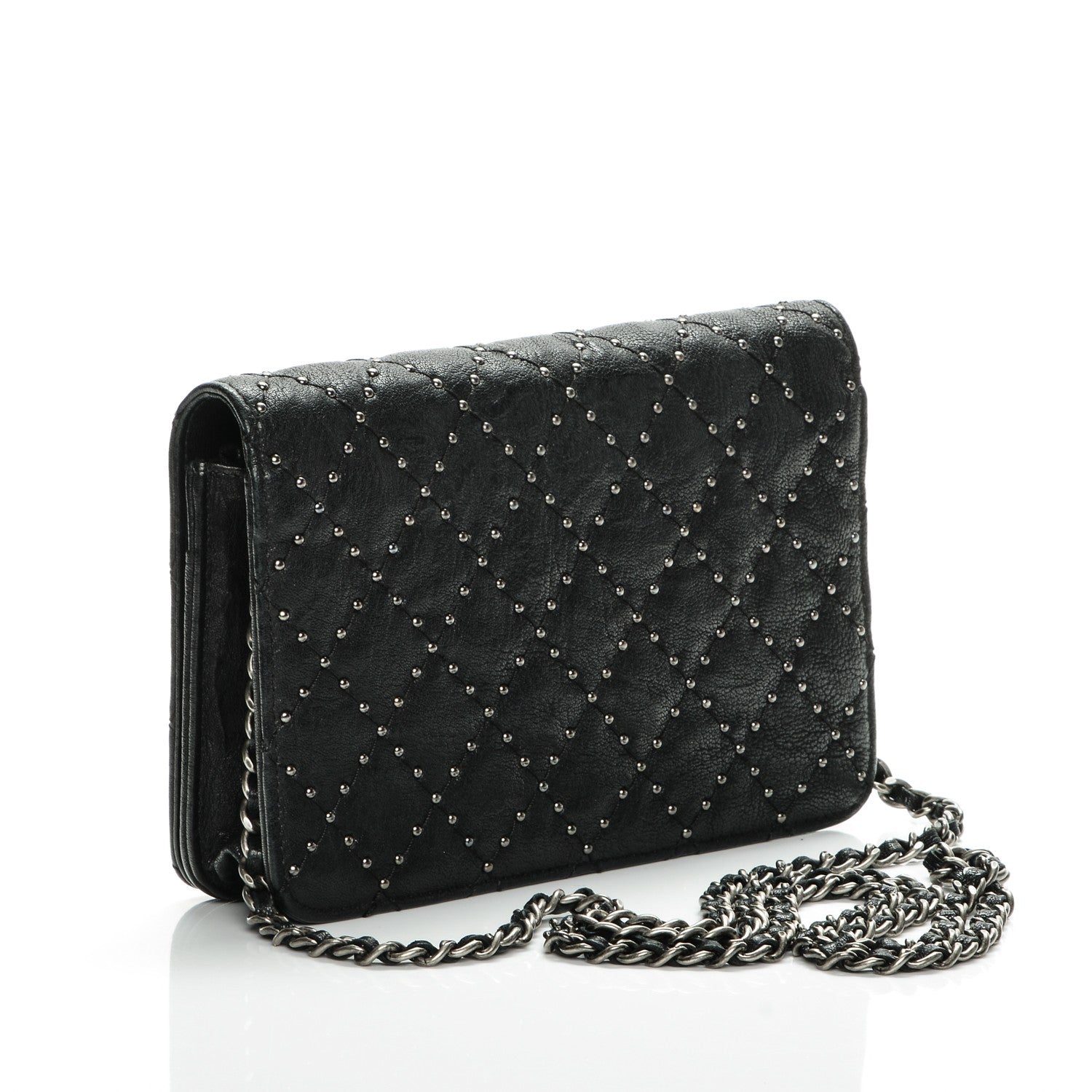 Chanel Crumpled Lambskin Studded Paris Dallas Wallet On Chain WOC Black 3 of 8