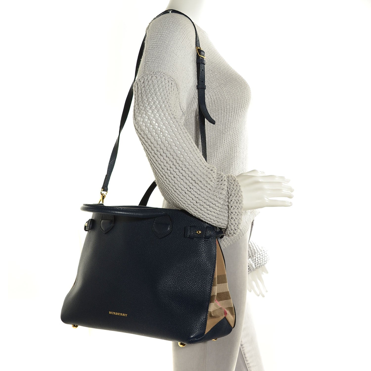 Burberry Grainy Calfskin House Check Medium Banner Tote Ink Blue 4 of 11