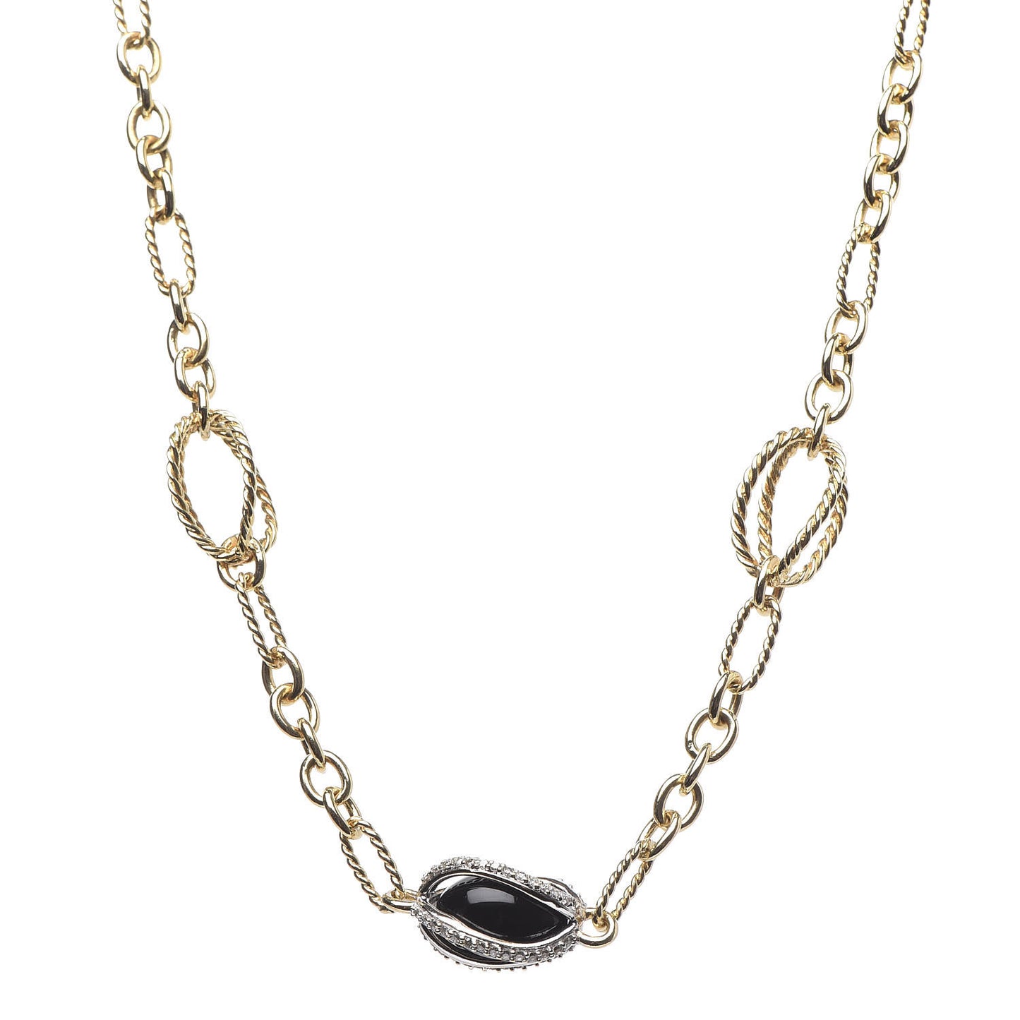 Sterling Silver 18K Yellow Gold Diamond Black Onyx Lantana Station Necklace