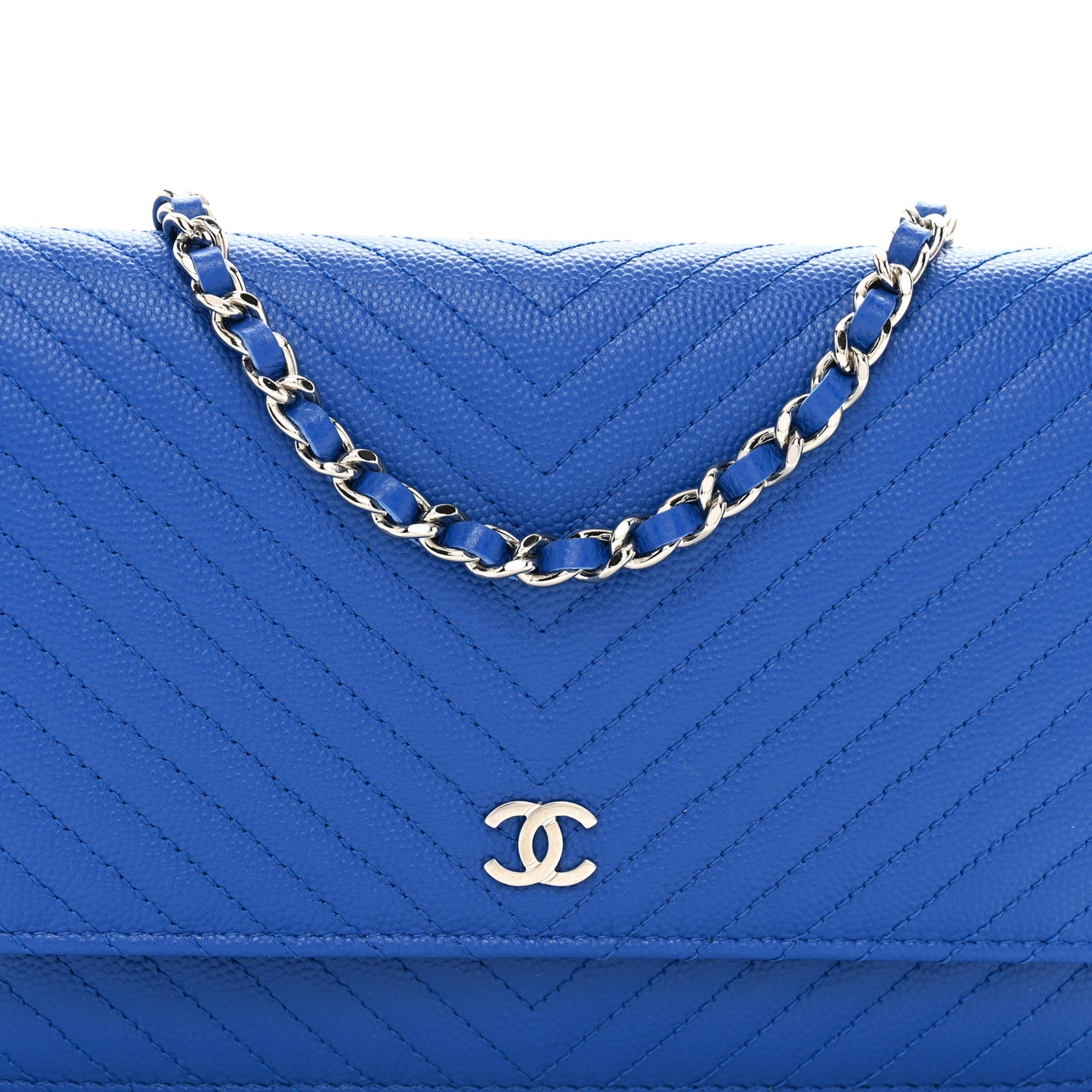 Caviar Chevron Quilted Wallet On Chain WOC Bright Blue