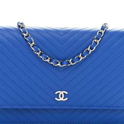 Chanel Caviar Chevron Quilted Wallet On Chain WOC Bright Blue 5 of 12