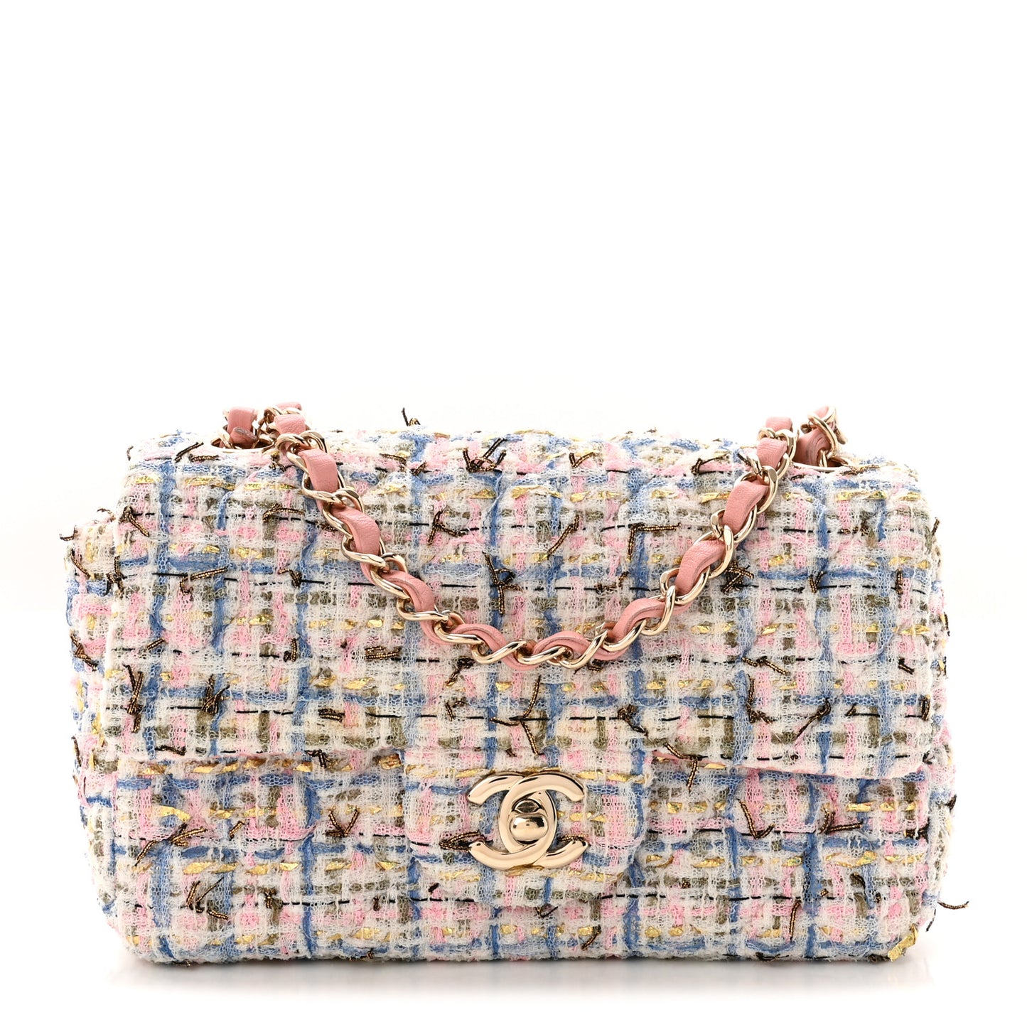 Tweed Quilted Mini Rectangular Flap Light Blue Pink Gold White