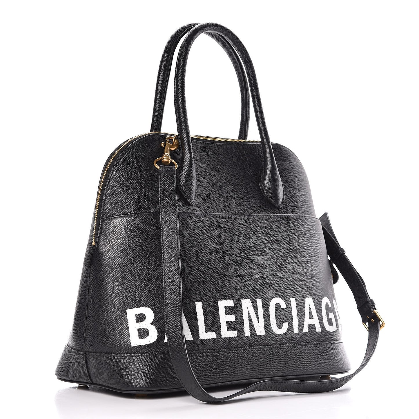 Signature Grained Calfskin Logo M Ville Top Handle Bag Black