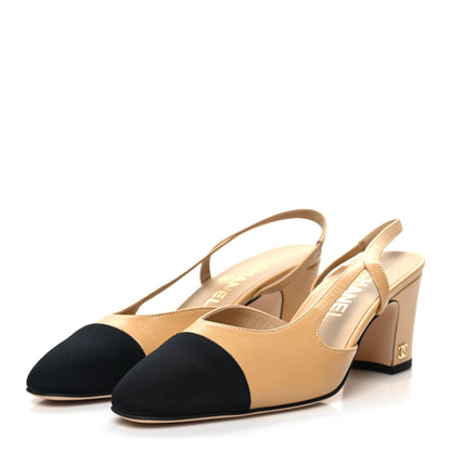 Chanel Goatskin Grosgrain Cap Toe CC Slingback Pumps 36.5 Beige Black 3 of 8