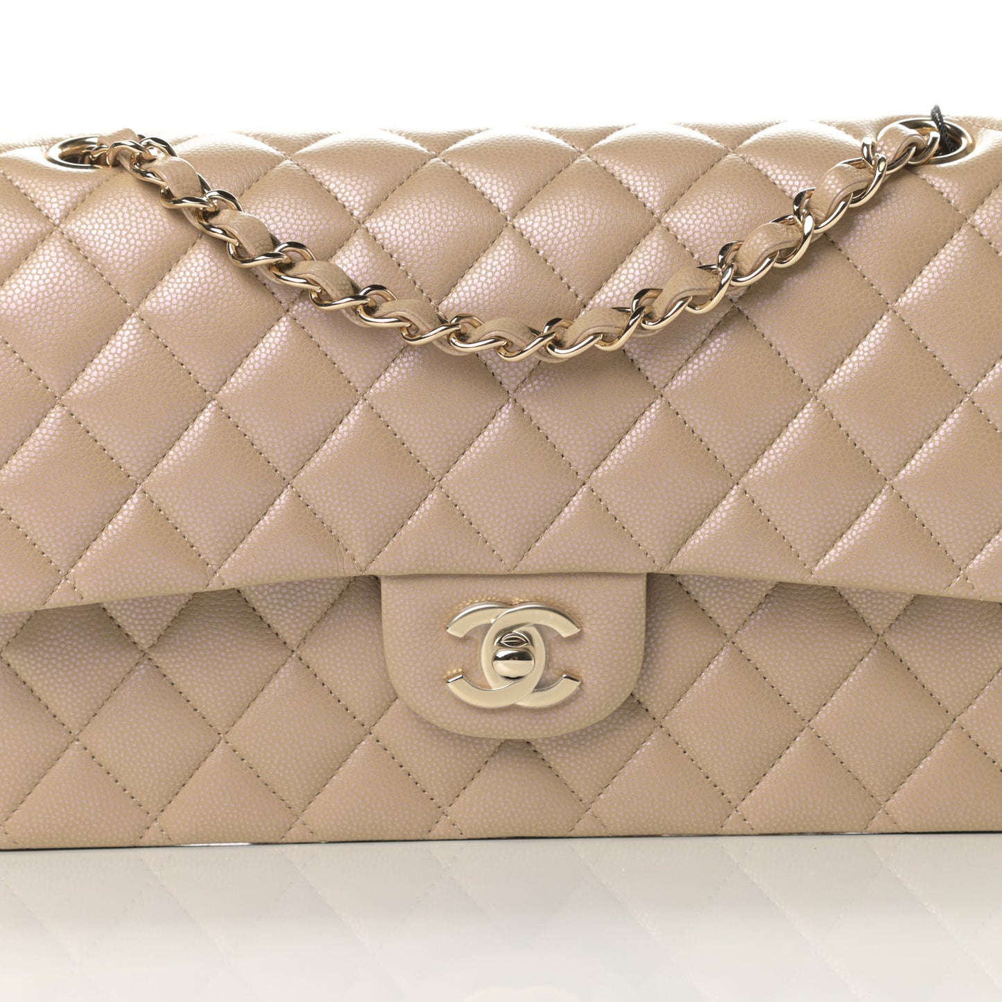 Iridescent Caviar Quilted Medium Double Flap Dark Beige