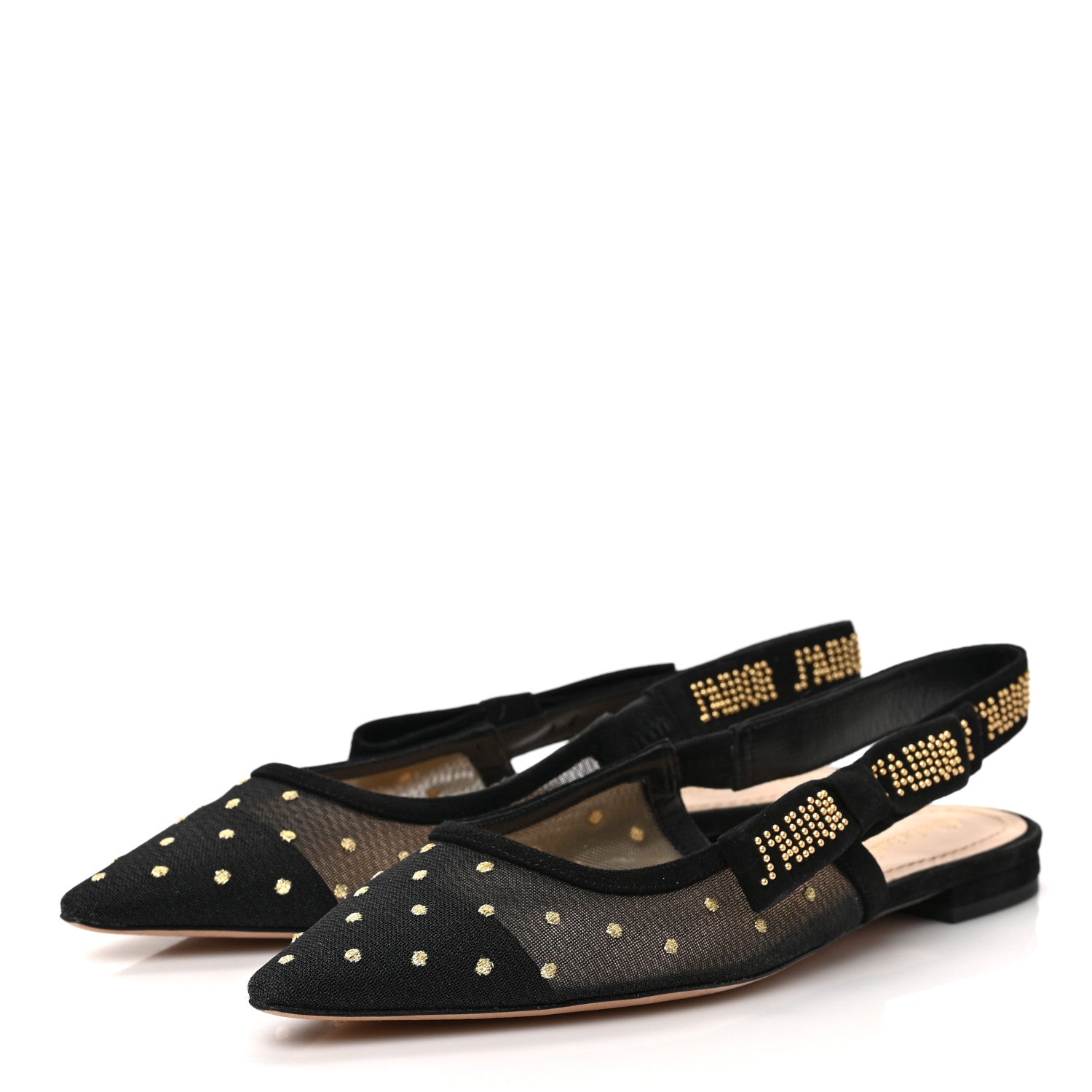Christian Dior Plumetis Mesh Ribbon Dotted Studded Ballet Flats 38.5 Black Gold 3 of 9