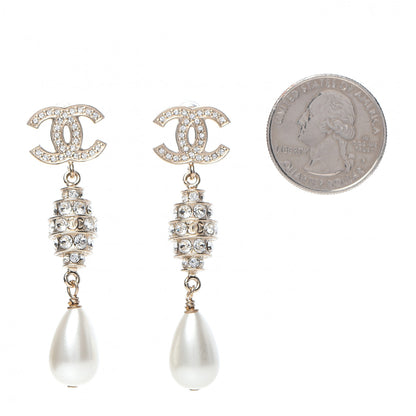 Chanel Crystal CC Pearl Drop Earrings Gold 2 of 5