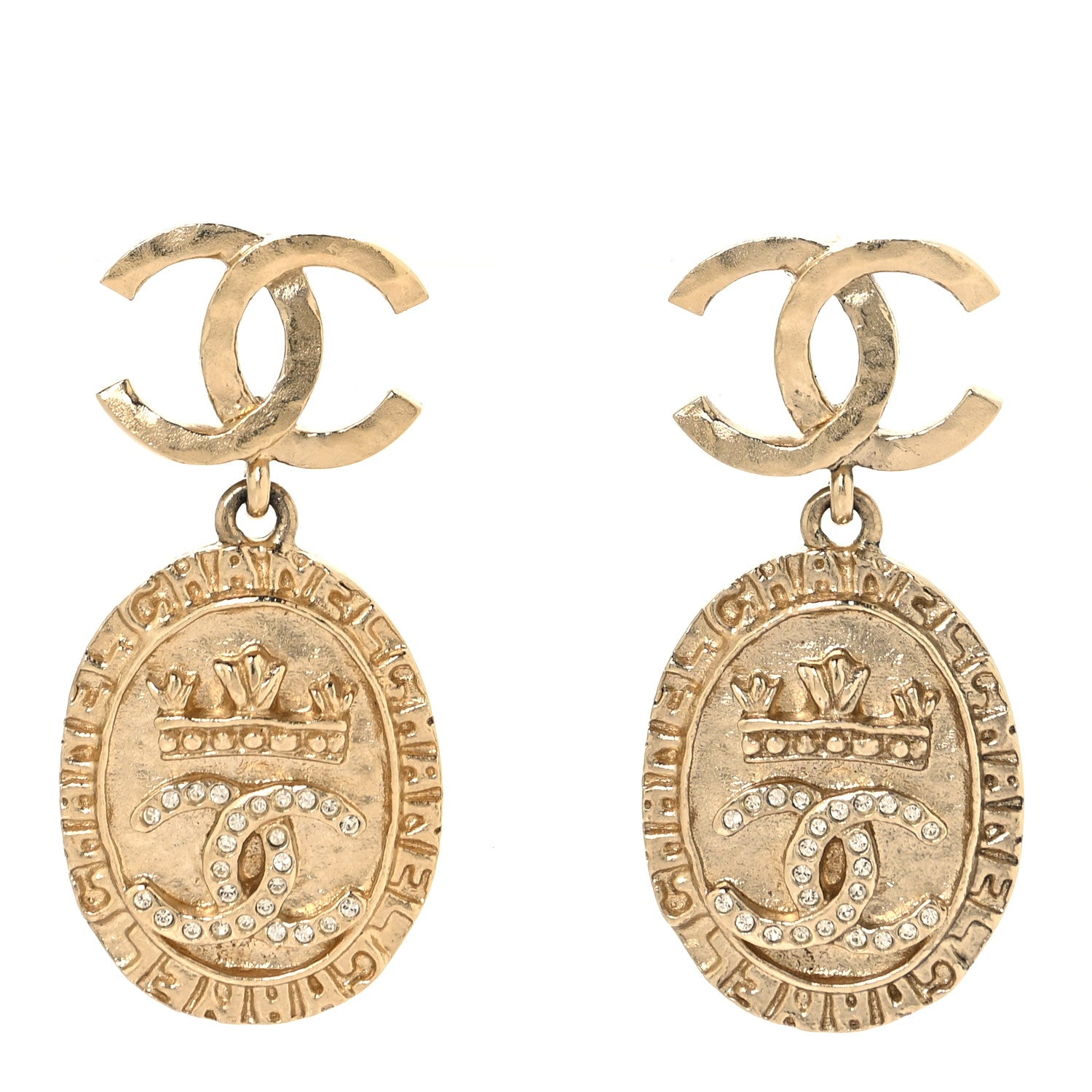 Chanel Crystal CC Medallion Drop Earrings Gold 1 of 4