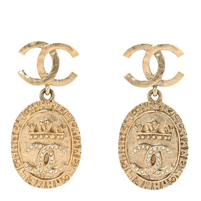 Chanel Crystal CC Medallion Drop Earrings Gold 1 of 4
