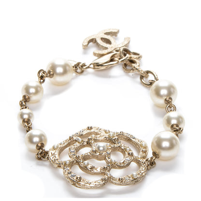 Chanel Swarovski Crystal Camellia Pearl CC Bracelet Gold 1 of 6