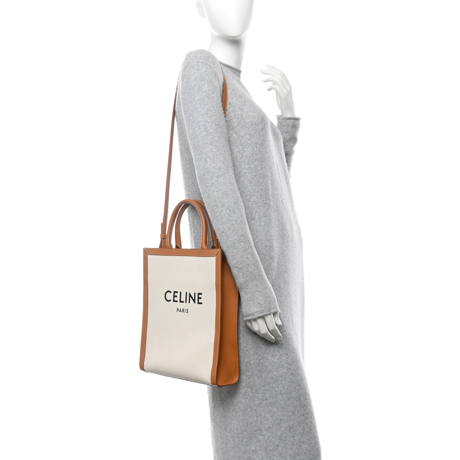 Celine Canvas Calfskin Logo Print Small Vertical Cabas Natural Tan 2 of 14