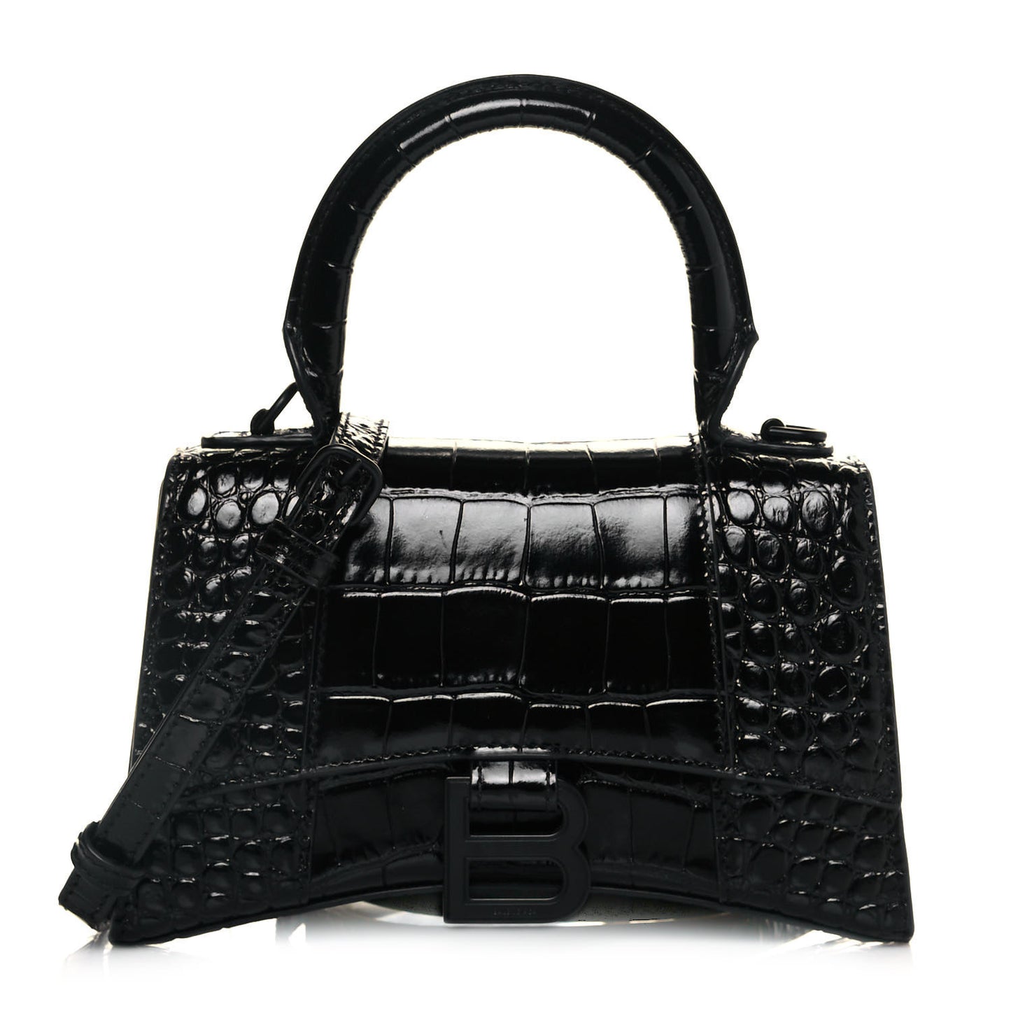 Shiny Calfskin Monochrome Crocodile Embossed Hourglass Top Handle Bag XS Black