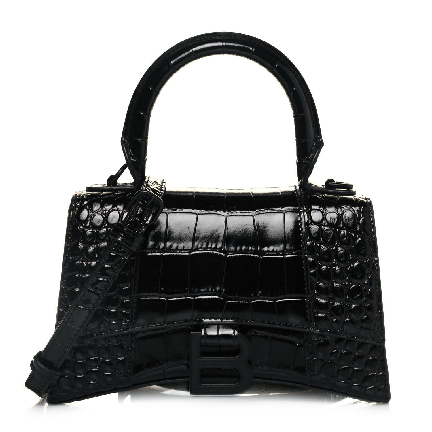 Balenciaga Shiny Calfskin Monochrome Crocodile Embossed Hourglass Top Handle Bag XS Black 1 of 6