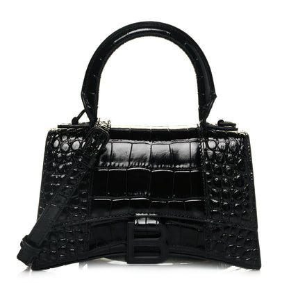 Balenciaga Shiny Calfskin Monochrome Crocodile Embossed Hourglass Top Handle Bag XS Black 1 of 6