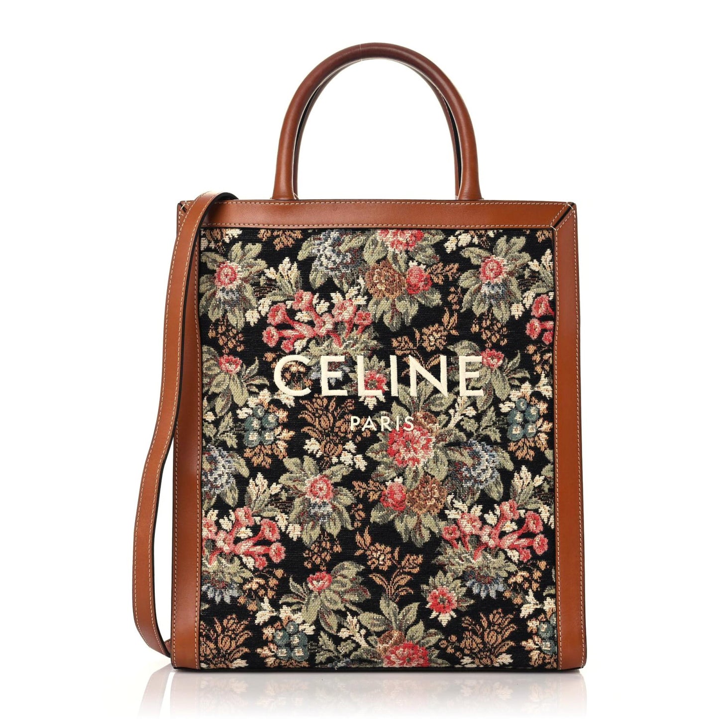 Canvas Calfskin Jacquard Floral Small Vertical Cabas Black Tan