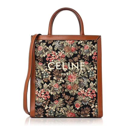 Celine Canvas Calfskin Jacquard Floral Small Vertical Cabas Black Tan 1 of 21