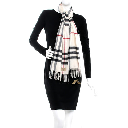 Burberry Cashmere Giant Check Fringe Scarf White 2 of 4