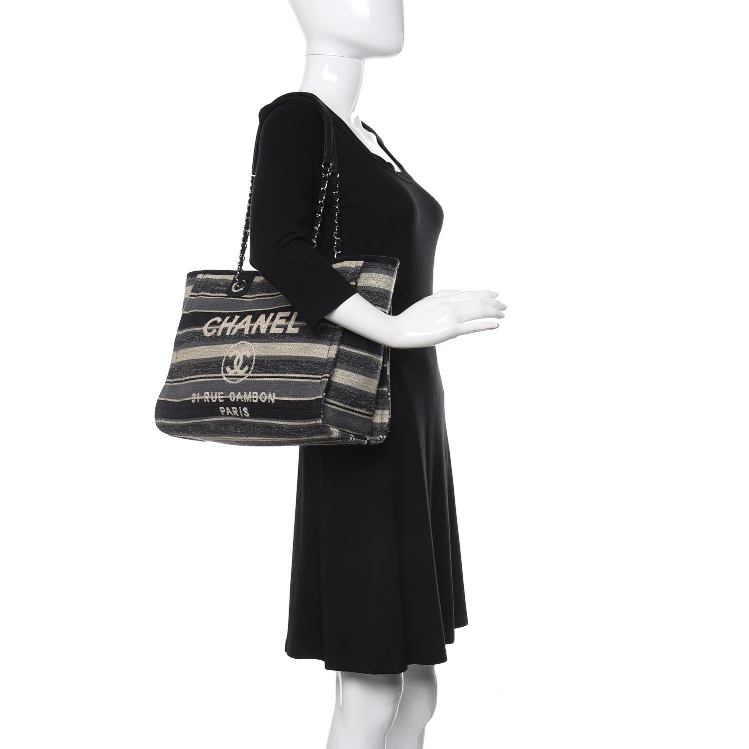 Chanel Striped Canvas Small Deauville Tote Dark Grey 2 of 10
