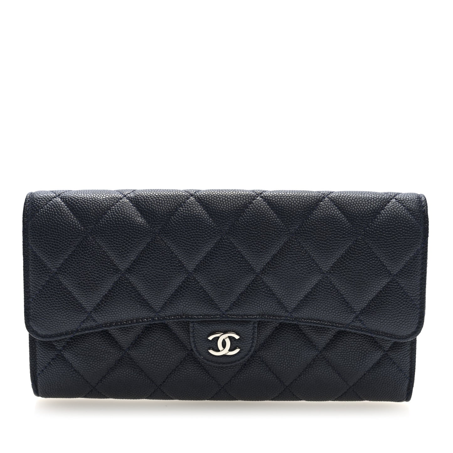 Caviar Quilted Large Gusset Flap Wallet Navy