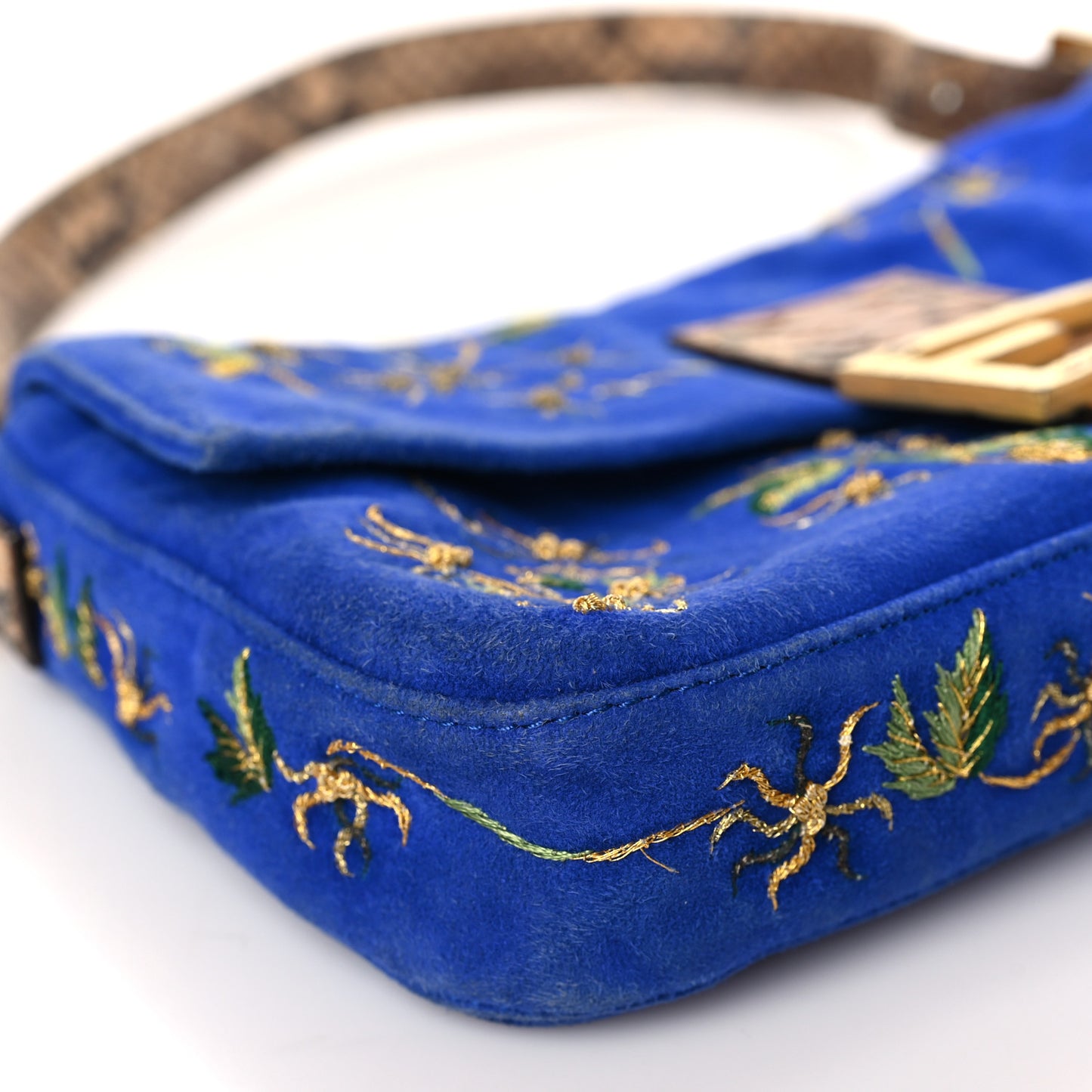 Suede Embroidered Snakeskin Baguette Blue Multicolor