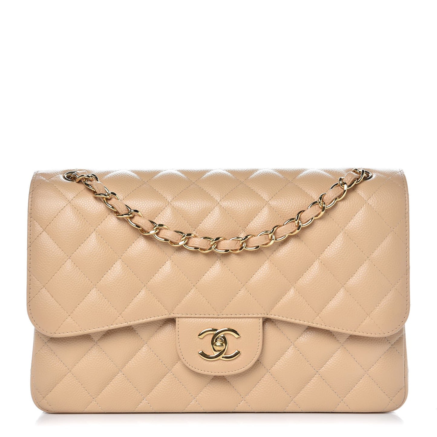 Caviar Quilted Jumbo Double Flap Beige Clair