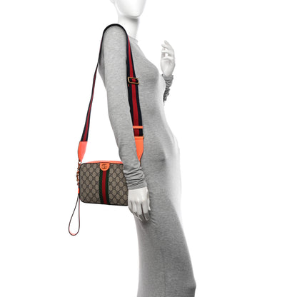 Gucci GG Supreme Monogram Textured Dollar Calfskin Web Ophidia Wristlet Shoulder Bag Beige Ebony Orange 2 of 10