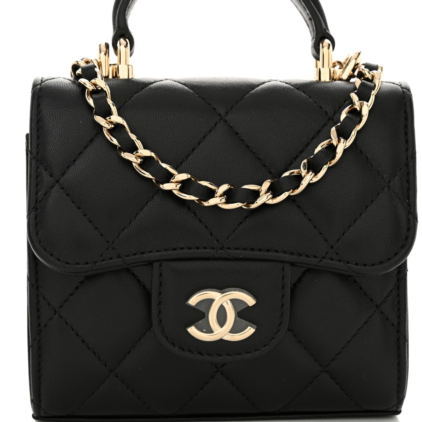Lambskin Quilted Top Handle Flap Clutch With Chain  Black
