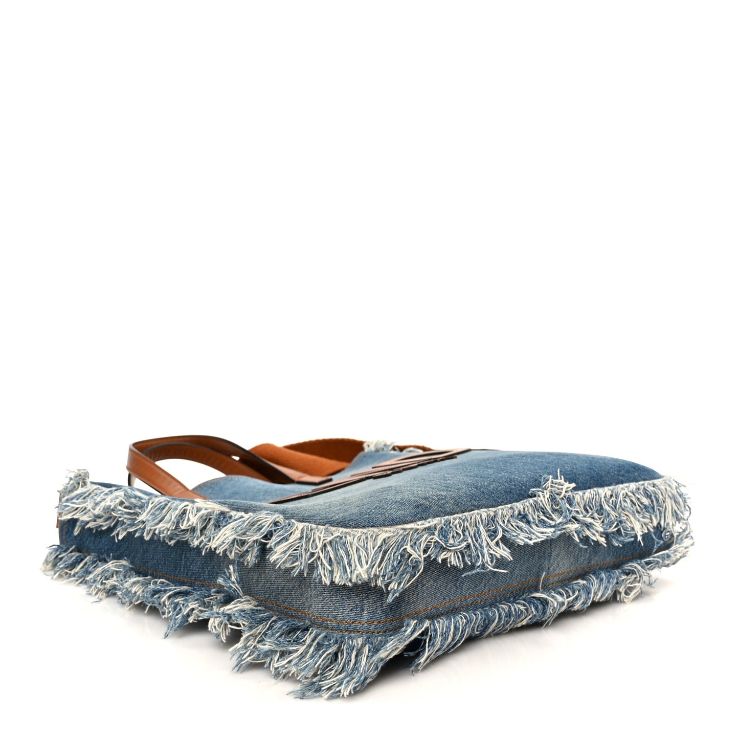 Denim Lavato Vitello King Logo Embroidered Frayed Tote Denim Chiaro Cuoio