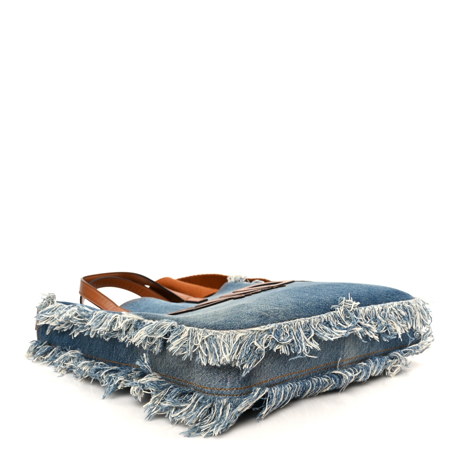 Fendi Denim Lavato Vitello King Logo Embroidered Frayed Tote Denim Chiaro Cuoio 4 of 10