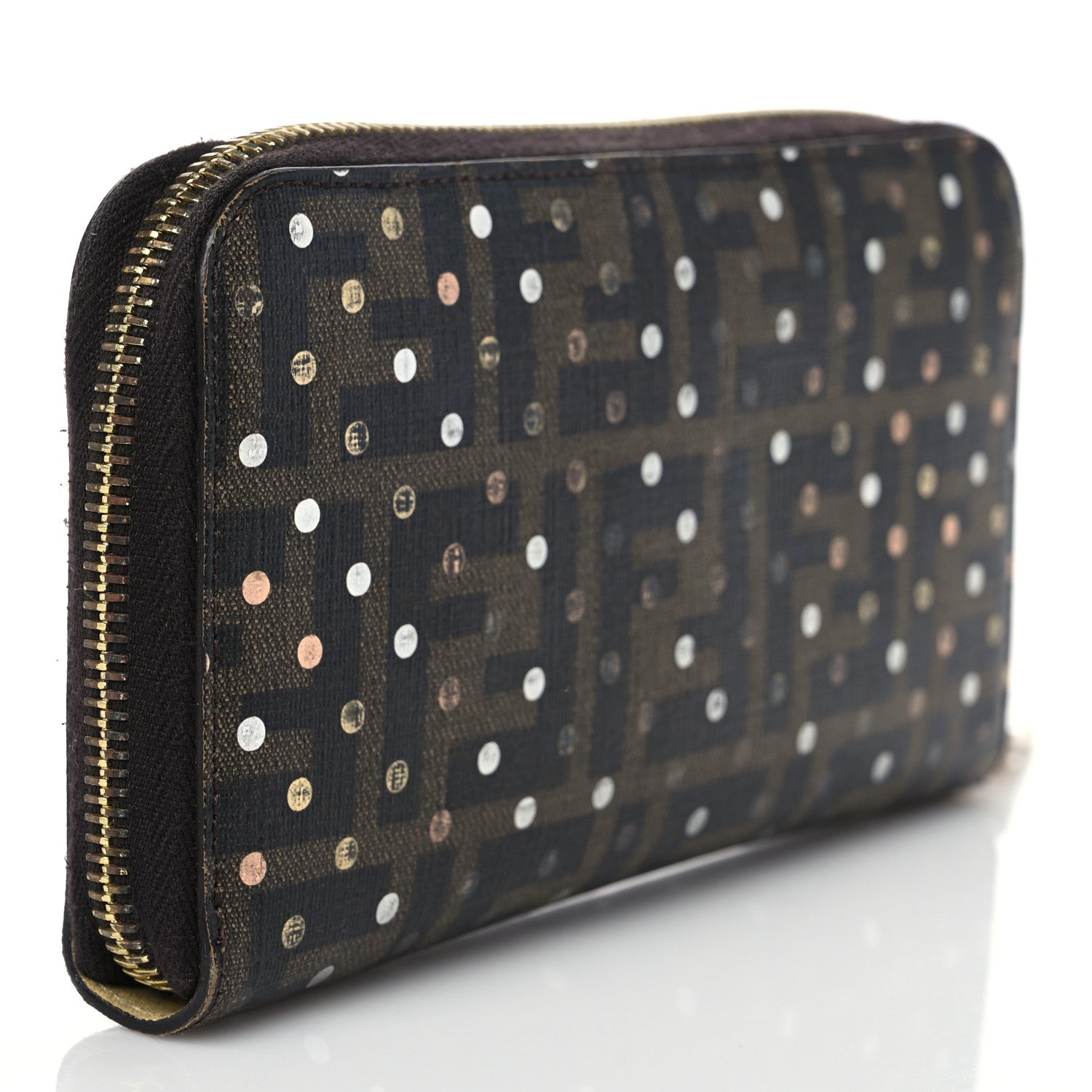 Fendi Zucca Spalmati Polka Dot Zip Around Wallet Tobacco Silver Gold 3 of 7