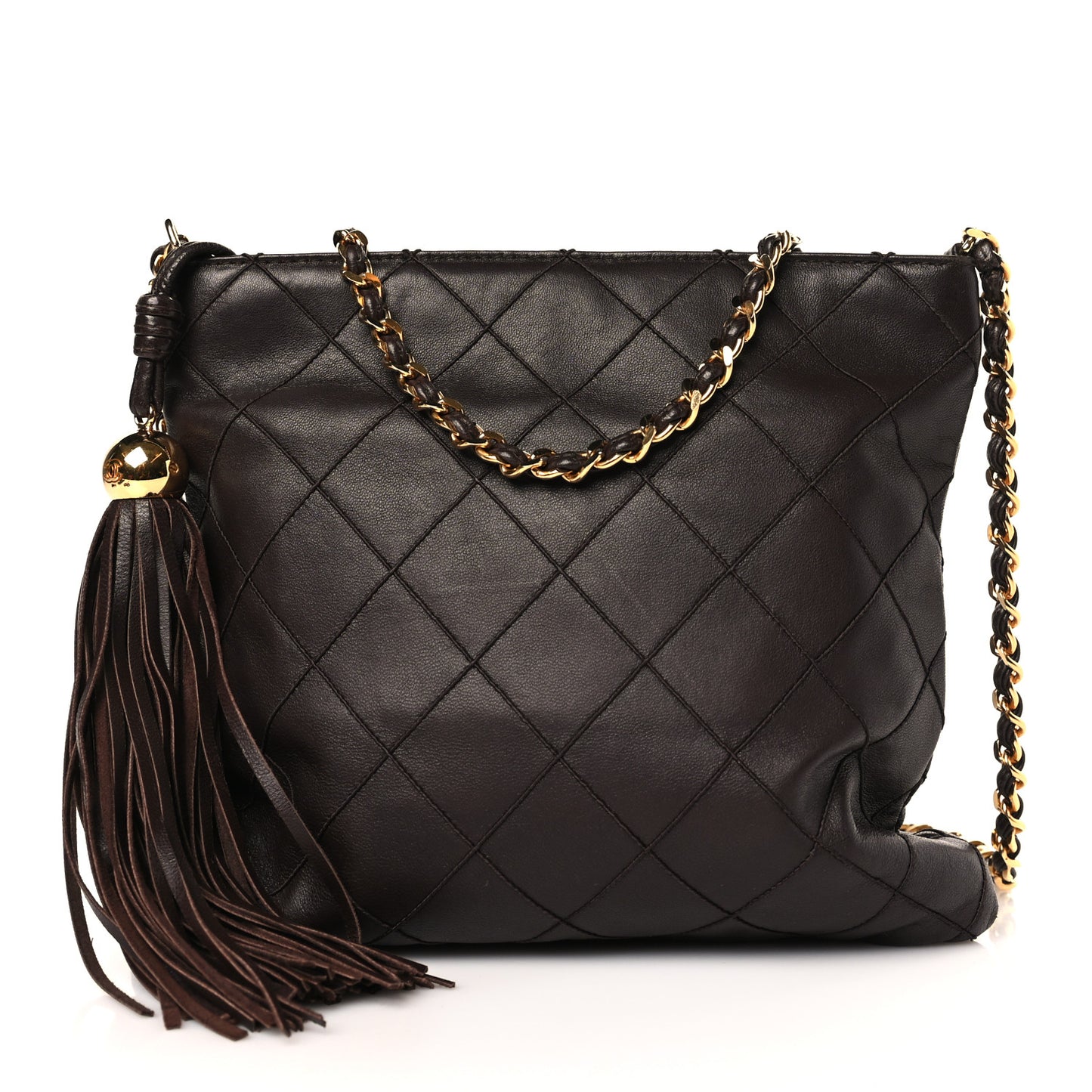 Lambskin Quilted Tassel Shoulder Bag Brown