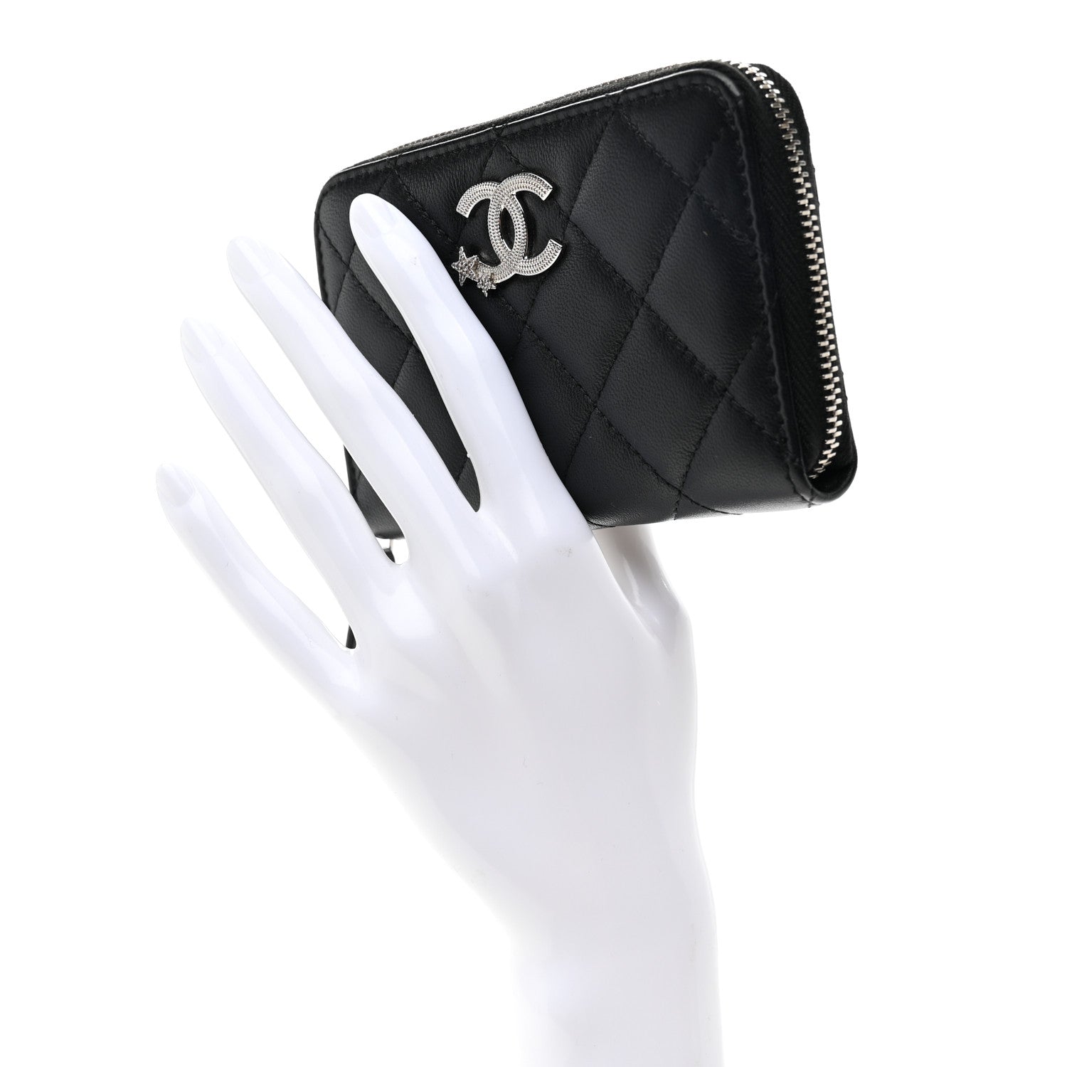 Chanel Lambskin Crystal Star Quilted Studded CC Zip Around Card