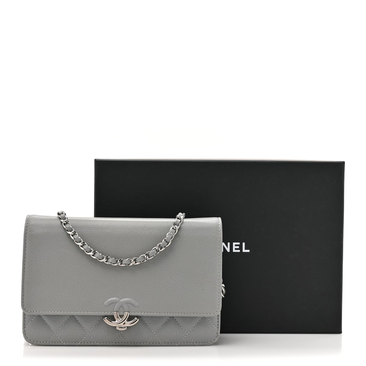 Grained Calfskin Quilted CC Box Wallet On Chain WOC Grey