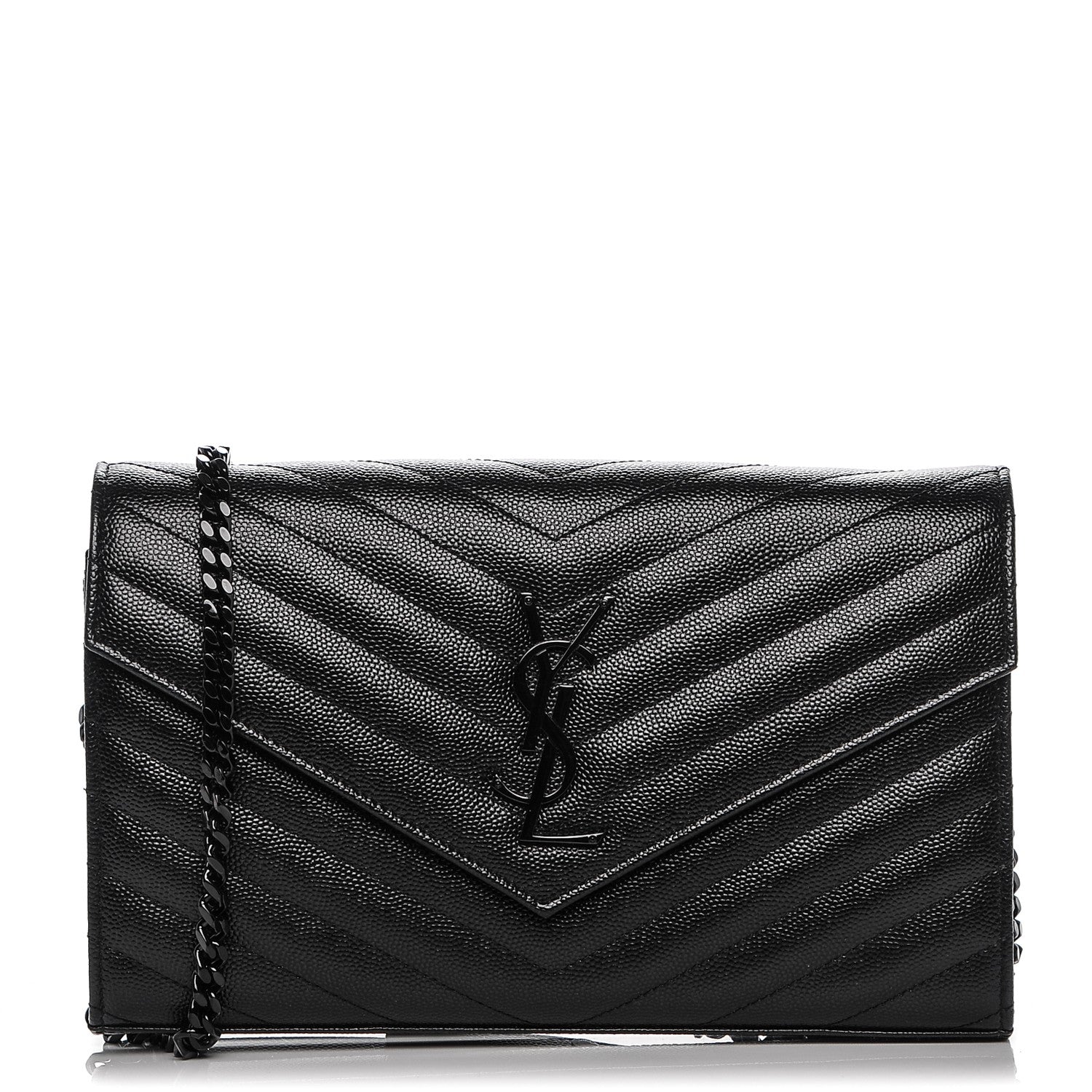 Saint Laurent Grain De Poudre Matelasse Chevron Monogram Chain Wallet Black 1 of 7