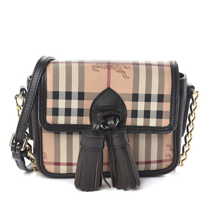Burberry Haymarket Check Mini Tassel Crossbody Bag Chocolate 1 of 7