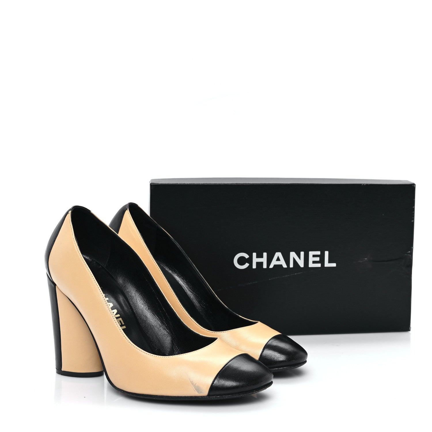 Chanel Lambskin Cap Toe CC Pumps 38 Beige Black 10 of 10