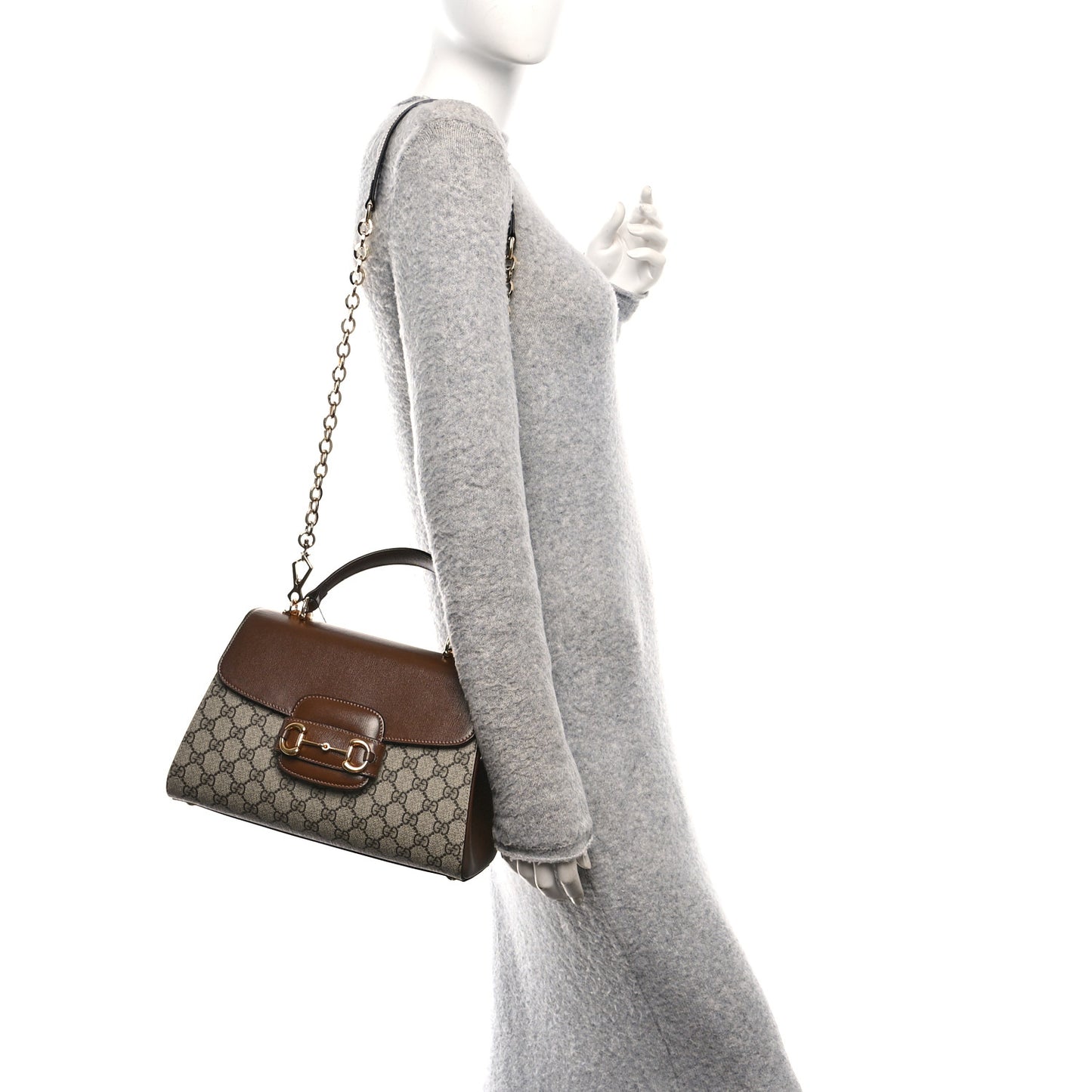 GG Supreme Monogram Calfskin Medium Horsebit 1955 Top Handle Bag Beige Ebony Brown Sugar