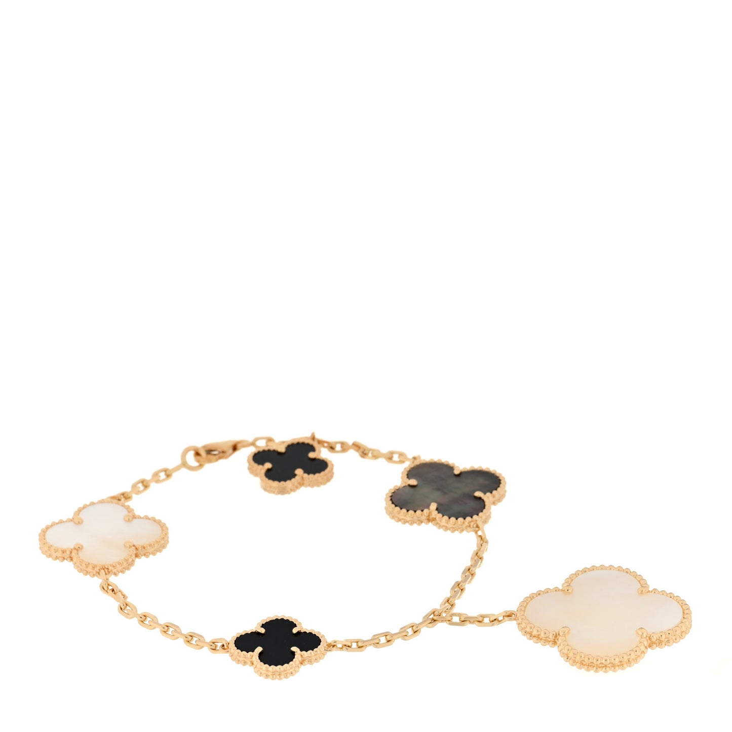 18K Yellow Gold Grey Mother of Pearl Black Onyx 5 Motifs Magic Alhambra Bracelet
