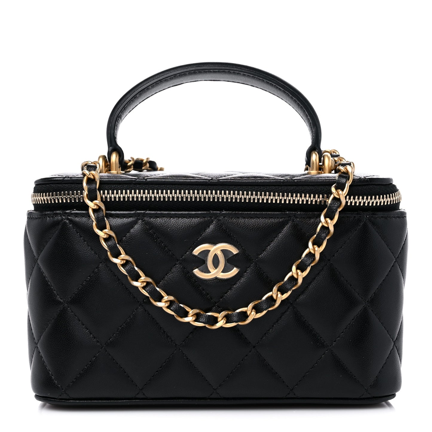 Lambskin Quilted Small Top Handle Vanity Case With Chain Black